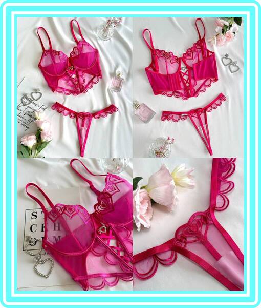 ★超素敵★アンダーワイヤー★シースルー★ランジェリーセット★ロングブラ★シースルー★ピンク★大人可愛い★ボーン入★K143