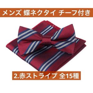 蝶ネクタイ 赤 レッド ストライプ 2点セット チーフ付き フォーマル スーツ イベント 結婚式 披露宴 パーティー 新郎 司会 ネクタイ リボン