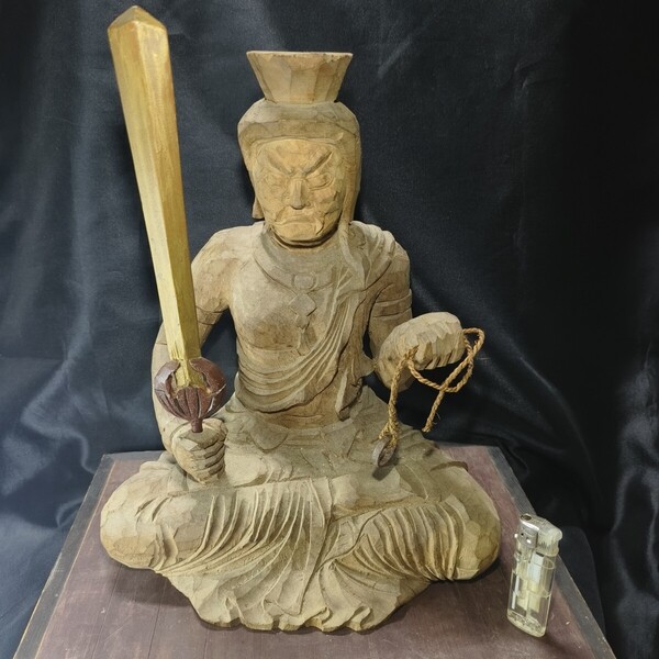 不動産明王坐像 木彫り 全高35cm 手彫り 時代物 古美術 コレクター放出