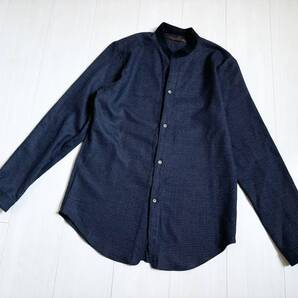 15AW Honor gathering オナーギャザリング 美品 クレリック ノーカラー シャツ ウール ハウンドトゥース柄 総柄 M 紺 ネイビー △1204