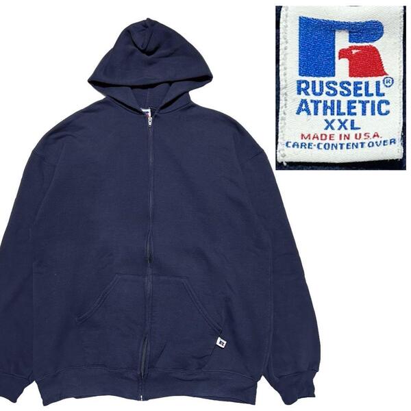 【90s】 USA製 希少XXL Russell フルジップ パーカー 紺 ラッセル ネイビー フーディ