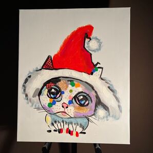 手書き油絵 サンタねこ 絵画 インテリア 油彩画 クリスマス プレゼント