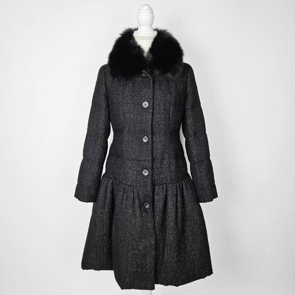 【極美品】ルネ ツイード フォックス ダウンコート ラメ 34 Aライン Rene ブラック 黒 毛皮 ファー ダウン