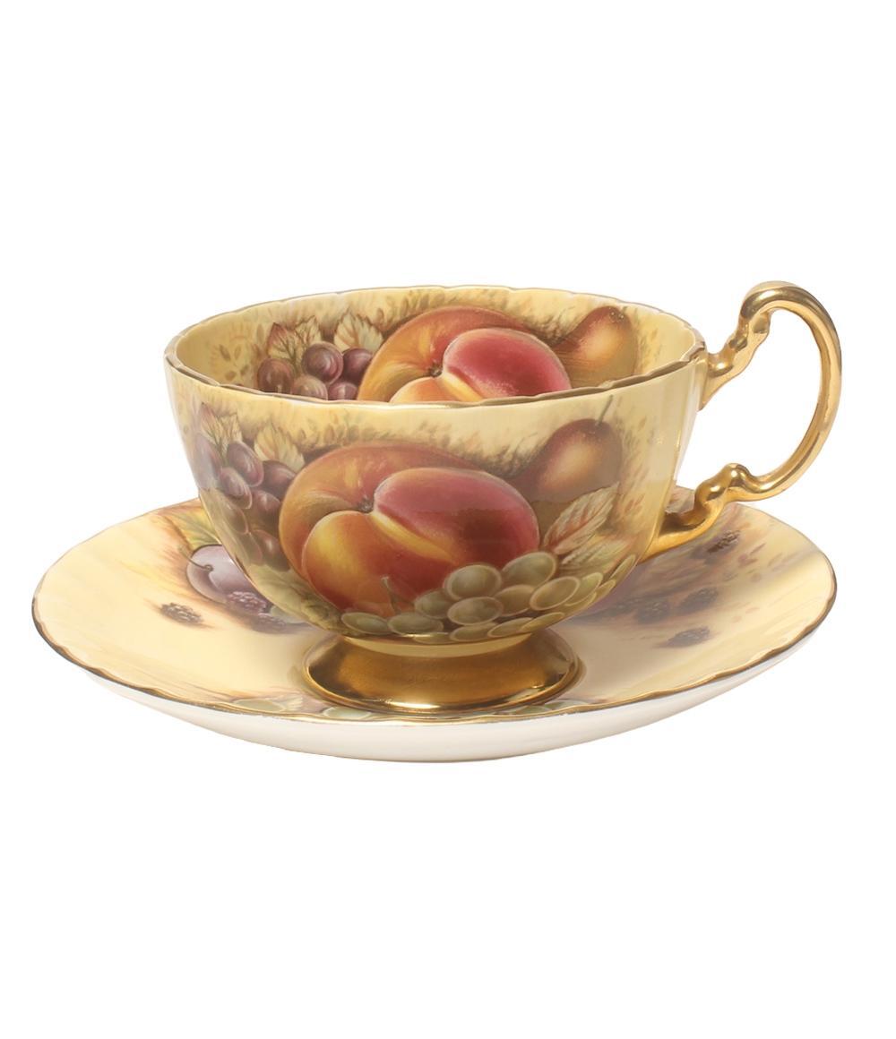 美品 Aynsley エインズレイ オーチャードゴールド ティーカップ＆ソーサー 2客 セット フルーツ柄 果物 紅茶 英国 金彩 SU9112T2  キッチン/食器