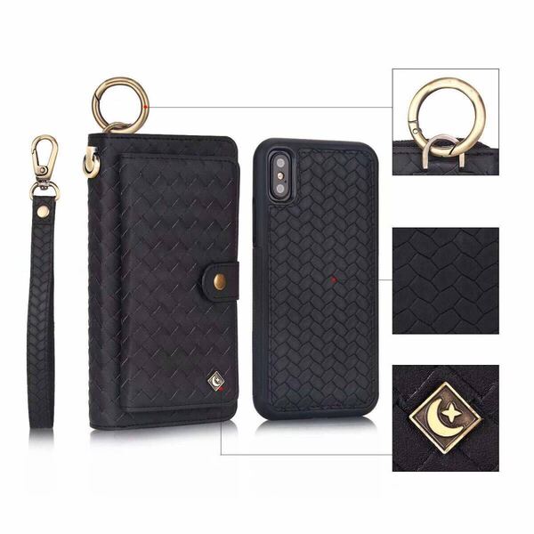 iphone xs max レザーケース iphone XS Max 編み込みケース お財布付き 取り外し可能 手帳型 カード収納D2