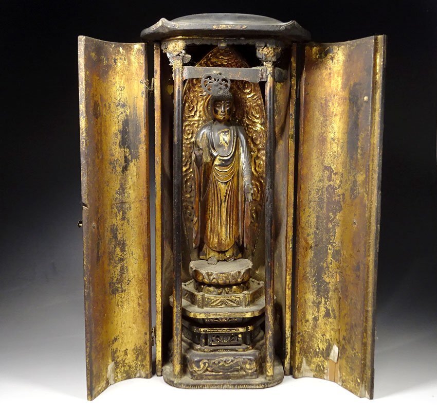 京都⑥$ 仏教美術 時代物 木彫 金彩 豆仏 仏像 厨子入 初だし品 京都⑥$ 仏教美術 時代物 木彫 金彩 豆仏 仏像 厨子入 初だし品