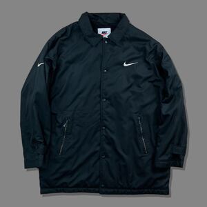 90s NIKE ナイキ ヴィンテージ中綿コーチジャケット 白タグ ブラック 黒 キルティング 裏起毛 ブルゾン 刺繍ロゴ オーバーサイズ