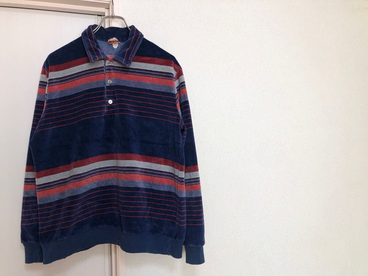 70sヴィンテージMADE IN USA アメリカ製oscar californiaベロアベルベットボーダー長袖ポロシャツsize XL