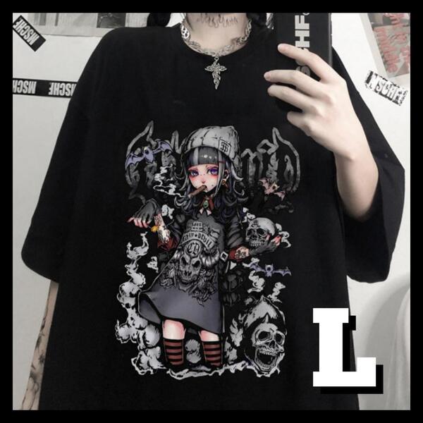 病みかわTシャツ 半袖 原宿系 女の子プリント 地雷系 量産型 黒 2c6