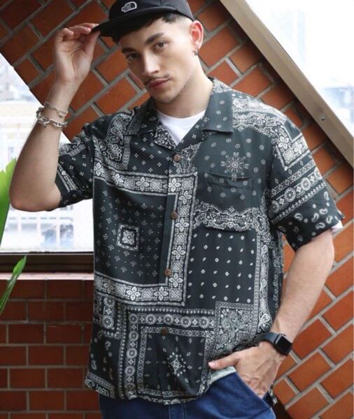 HOUSTON アロハシャツ BANDANA 総柄 黒×白 Mサイズ レーヨン 美品 夏 HOUSTON Aloha Shirt BANDANA Pattern Rayon Black White M