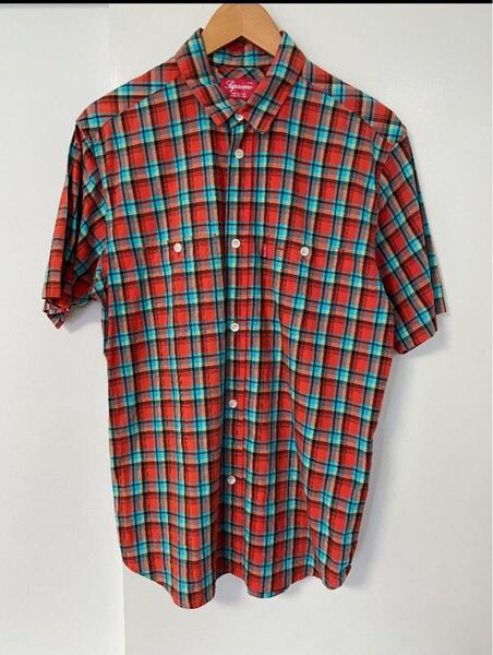 希少 Supreme 日本製 半袖チェックシャツ L レッドブルー 綿100% 美品補修あり Rare Supreme Japan-Made Short Sleeve Check Shirt L Red