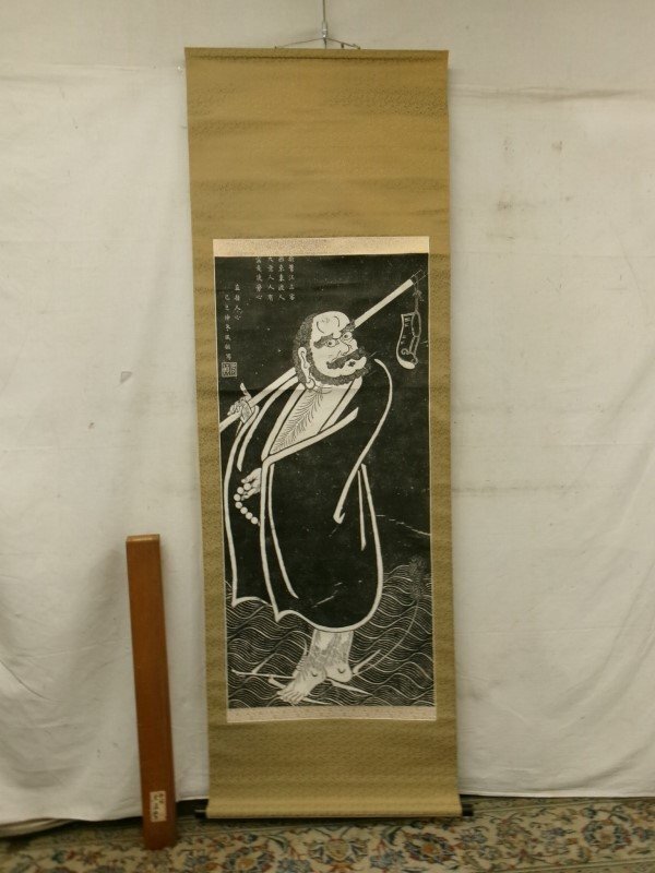 No3549掛軸 中国美術 拓本 達磨渡江図 合箱/畳箱付 仏教美術