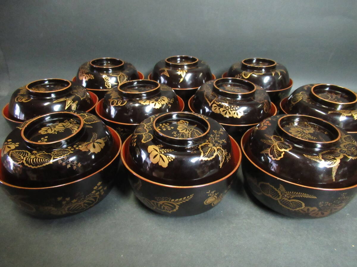 時代 能登輪島塗 鶴松 黒漆菓子椀 金蒔絵 和田栄一郎 10客セット 共箱 時代 能登輪島塗 鶴松 黒漆菓子椀 金蒔絵 和田栄一郎 10客セット