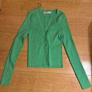 ZARA ザラ ショート丈 ニットカーディガングリーンM (Sサイズ) 美品 長袖 Vネック