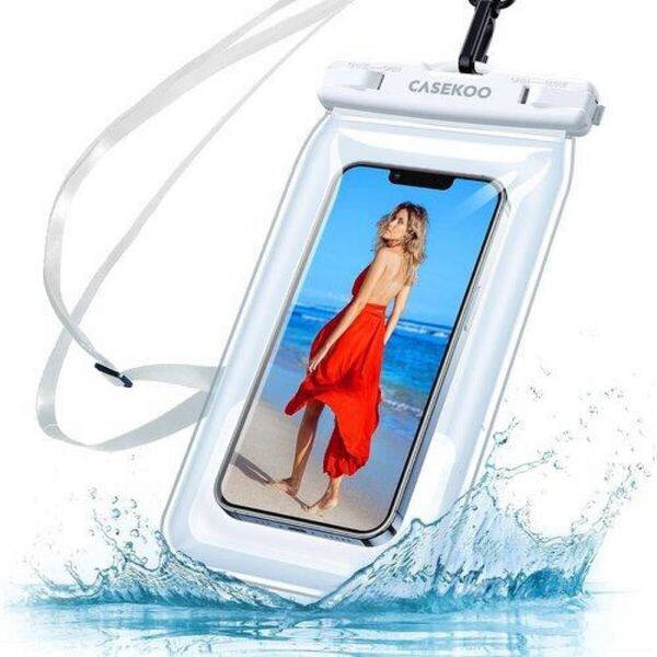 CASEKOO スマホ 防水スマホケース BB1594 IPX8認定 完全防水 水に浮く クリア 顔認証 お風呂 最大6.7インチ対応 海 温泉 プール ホワイト