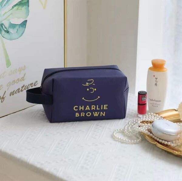 新品未使用 CHARLIE BROWN チャーリーブラウン スマイリーフェイスポーチ 化粧ポーチ ポーチ ネイビー 大容量 持ち手あり