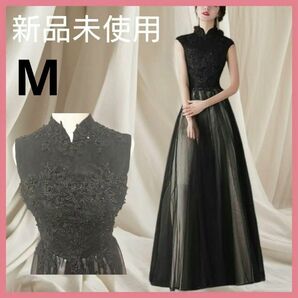 新品 ロングドレス パーティードレス 黒 レース ミモレ丈 結婚式 発表会