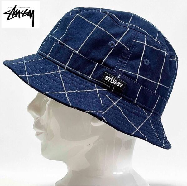 【超美品】国内直営チャプター購入 正規品 STUSSY ステューシー サイドBOXロゴ ネイビー 格子柄 バケットハット フリーサイズ