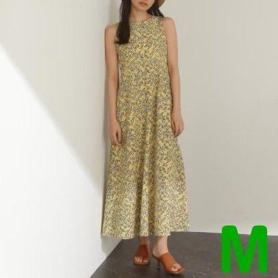 【新品タグ付】ナチュラルビューティーベーシック リーフプリントワンピース イエロー M ロング カジュアルドレス NATURAL BEAUTY BASIC