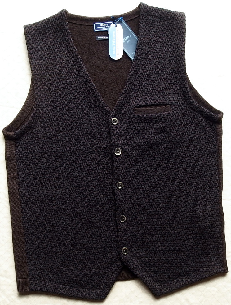 ■新品 gim 日本製メリノウール100%ニットジレ(前開ベスト) 茶&紺/ヘリンボン L 定価12,100 ① /2412