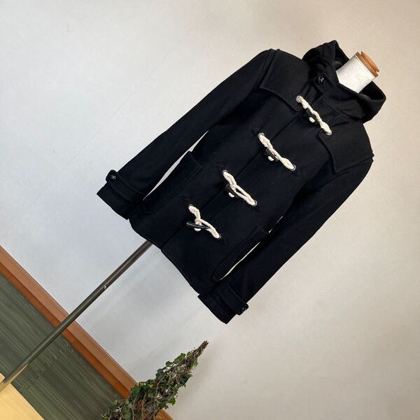 12-6BOYCOTT ボイコット 使用回数少なめメンズダッフルコート ブラック黒パーカフーディジャケット ハーフウールコート サイズ4 L-XL