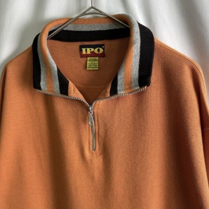 90s IPO ハーフジップ ポロ シャツ L スタンドカラー ハイネック オレンジ 半袖 リブ ライン 80s 00s オールド ビンテージ
