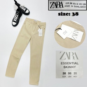 ZARA /38/ ベージュ系 スキニーデニムパンツ ジーンズ レディース タグ付き アウトドア バイク コットン混生地 大人可愛い ストレッチ ザラ