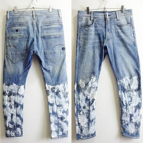 即決★ 送料無★ G-STAR RAW D-STAQ 3D スキニー 【M】 強ストレッチ 淡青 ペンキ加工 立体裁断 Sz.28 I164