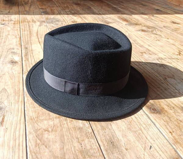 送料無料♪90s USA製ニューヨークハット NEW YORK HAT ウールポークパイ 中折れハット帽子 100% WOOL FELT ブラック アメリカ製 美品 古着
