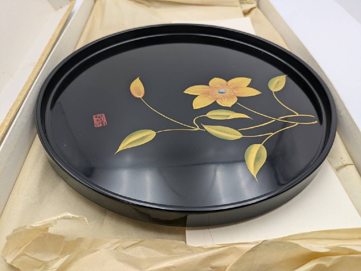 会津塗 会津絵 漆器 盆 黒地 工芸品