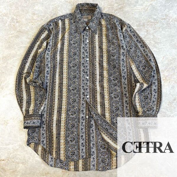 vintage ボタニカル 花柄 バロック柄 レトロデザイン アート 長袖 ポリエステルシャツ 下北沢 原宿 ヴィンテージ メンズM