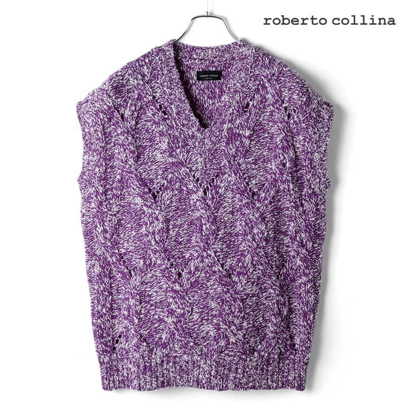 ◆【roberto collina(ロベルトコリーナ)秋冬/ウールナイロンケーブル編ローゲージVネックメランジニットベスト(RM41030)】[rbc2360682-48] 9,400円
