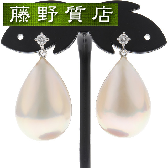 (クリーニング済)タサキ TASAKI 田崎 マベ パール ダイヤ ピアス K18 WG × パール 2粒 × ダイヤ 0.12ct 箱 イヤリング 9035