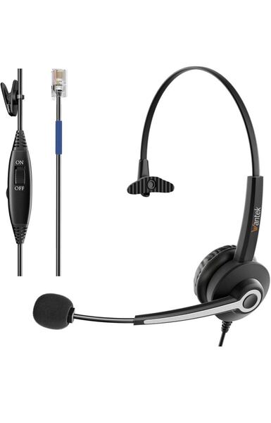 Wantek 電話機用ヘッドセット片耳 RJ9 ノイズキャンセリングマイク付き 固定電話機用ヘッドフォン 固定電話機 ヘッドセット超軽量 超快適