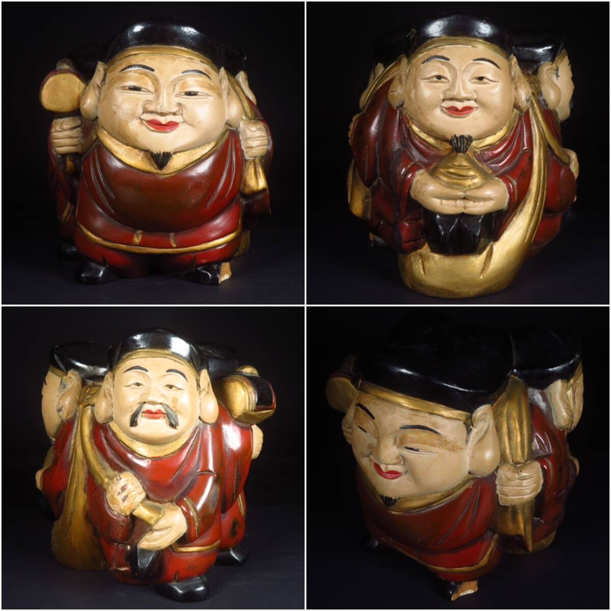布袋 軍配持布袋 置物 風水 七福神 木彫・共箱 髙村光雲