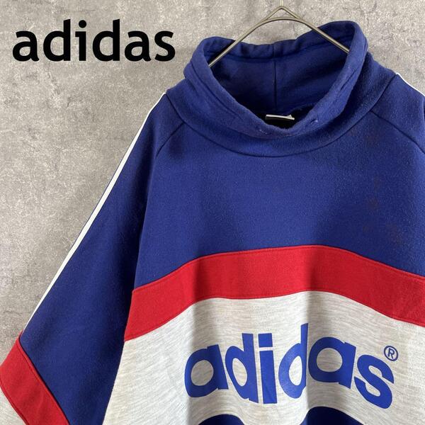 adidas ハイネックトレーナー スウェット青赤白 デサント製MLメンズI2