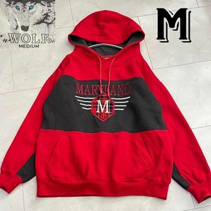 WOLF×MARYLAND パーカー フーディ プルオーバー レッド・赤×グレー・灰色 Mサイズ チェック スウェット付き トレーナー