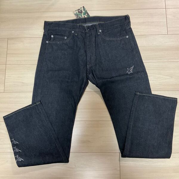 定価以下 新品未着用 アベイシングエイプ A BATHING APE スワロフスキー製クリスタルデニムパンツ CRYSTAL DENIM PANTS サイズL 日本製