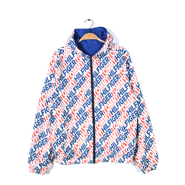 【送料無料】トミーヒルフィガー リバーシブル ナイロンジャケット フード付き パーカー 総柄 メンズL相当 TOMMY HILFIGER 古着 @DZ9024