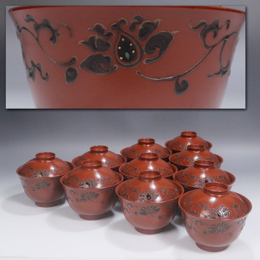 天然木製漆塗 桔梗ススキ 金蒔絵 見返し図 朱赤 吸物椀 1客
