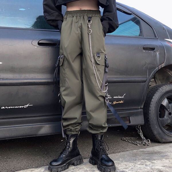 ジョガーパンツ テーパードパンツ チェーン ストリート カーゴパンツ ボトムス ワークパンツ 軍パン メンズ レディース カーキ 緑 XL