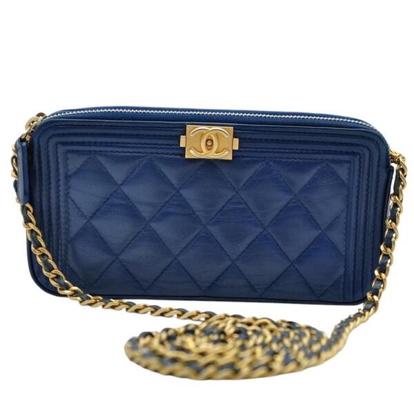 CHANEL シャネル 美品 チェーンウォレット ラムスキン ブルー