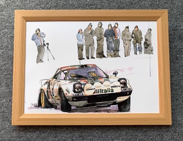■BOW。池田和弘『Lancia Stratos』B5サイズ 額入り 貴重イラスト 印刷物 ポスター風デザイン 額装品 アートフレーム 旧車