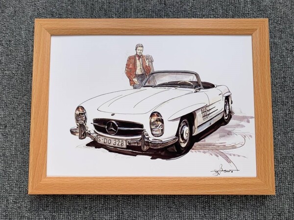 ■BOW。池田和弘『Mercedes-Benz 300 SL』B5サイズ 額入り 貴重イラスト 印刷物 ポスター風デザイン 額装品 アートフレーム 旧車