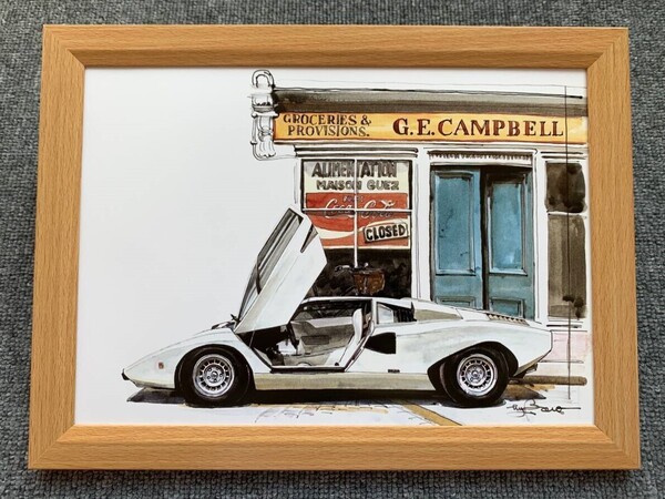 ■BOW。池田和弘『Lamborghini Countach LP400』B5サイズ 額入り 貴重イラスト 印刷物 ポスター風デザイン 額装品 アートフレーム 旧車