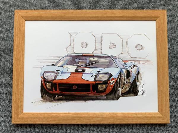 ■BOW。池田和弘『Ford GT40』B5サイズ 額入り 貴重イラスト 印刷物 ポスター風デザイン 額装品 アートフレーム インテリア 旧車