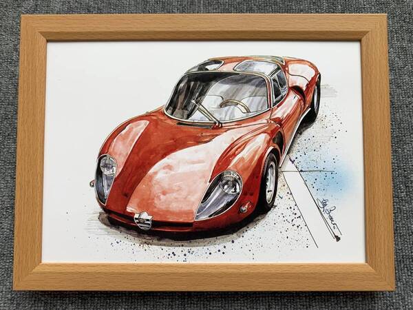 ■BOW。池田和弘『Alfa-Romeo 3312 Stradale』B5サイズ額入り 貴重イラスト 印刷物 ポスター風デザイン 額装品 アートフレーム 旧車