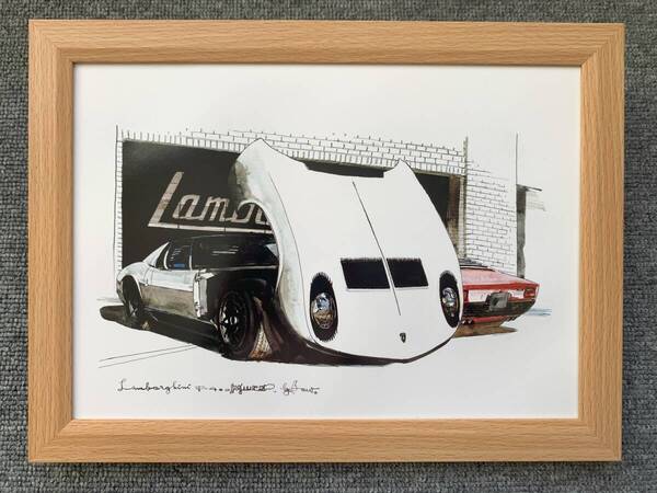 ■BOW。池田和弘『Lamborghini Miure P400』B5サイズ額入り 貴重イラスト 印刷物 ポスター風デザイン 額装品 アートフレーム 旧車