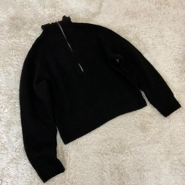 H&M ハーフジップニット ハイネック セーター ブラック 160サイズ スタンドカラー リブ編み シンプル カジュアル ユニセックス風