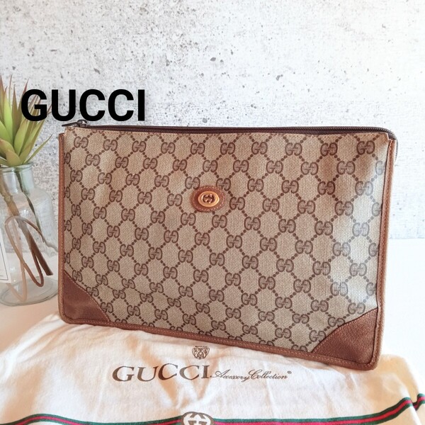 良品 GUCCI オールドグッチ ヴィンテージ GG レザー クラッチバッグ 鞄 セカンドバッグ ベージュ ブラウン 茶色 レディース メンズ